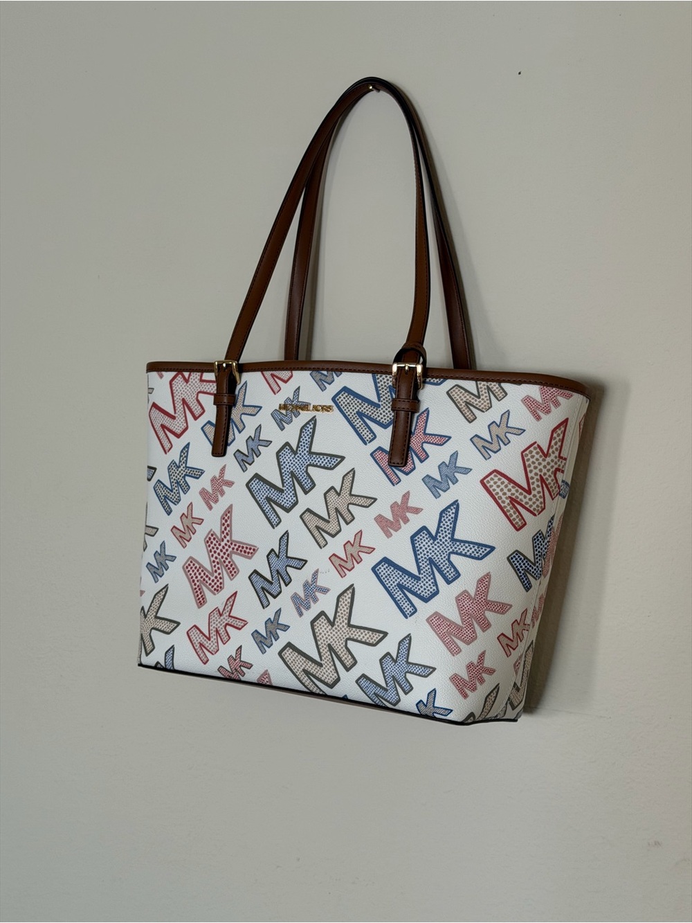 Michael Kors White Tote with Multicolor MK Print and Brown Straps